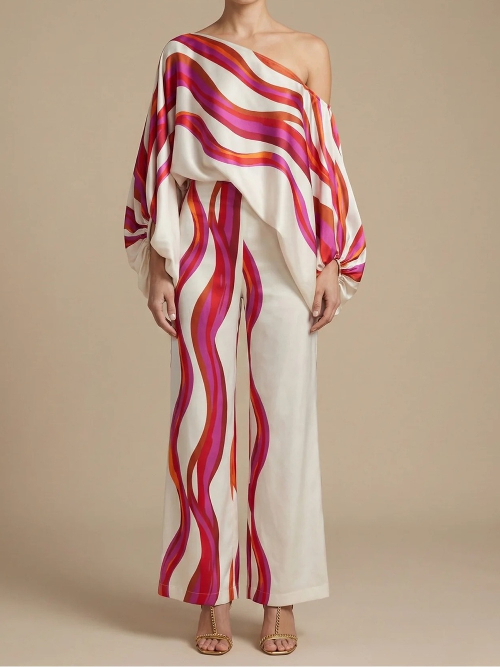 Off-Shoulder Wide-Leg Jumpsuit in White with Pink & Orange Waves
